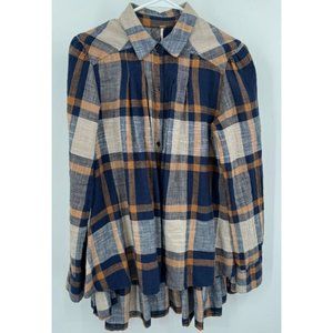Free People Cotton Flannel Swing Shirt Blouse‎ Stone Comb Plaid Sz S